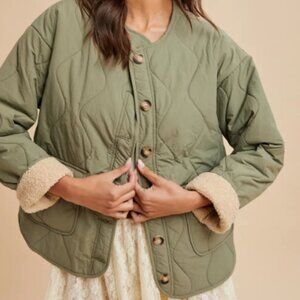 NWT Quilted Sherpa Shacket Green and Rose